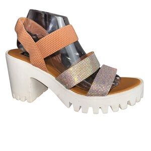 Id Required Tan And Rhinestone Lug Platform Sole Heels With Elastic. Women’s 10